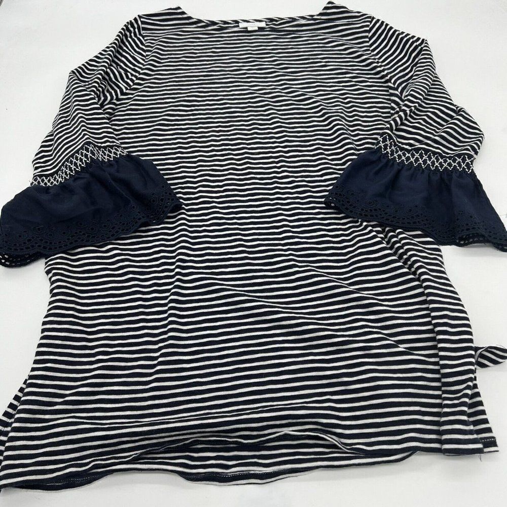 J Jill Navy White Striped Eyelet Bell Sleeves Women’s Size Large